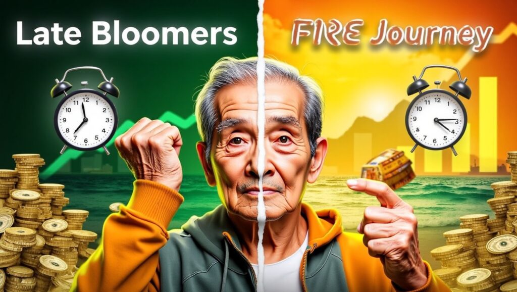image containing a gentleman and with writing Late Bloomers and the right side of the image containing the writing Fire Journey investmentinthefuture.